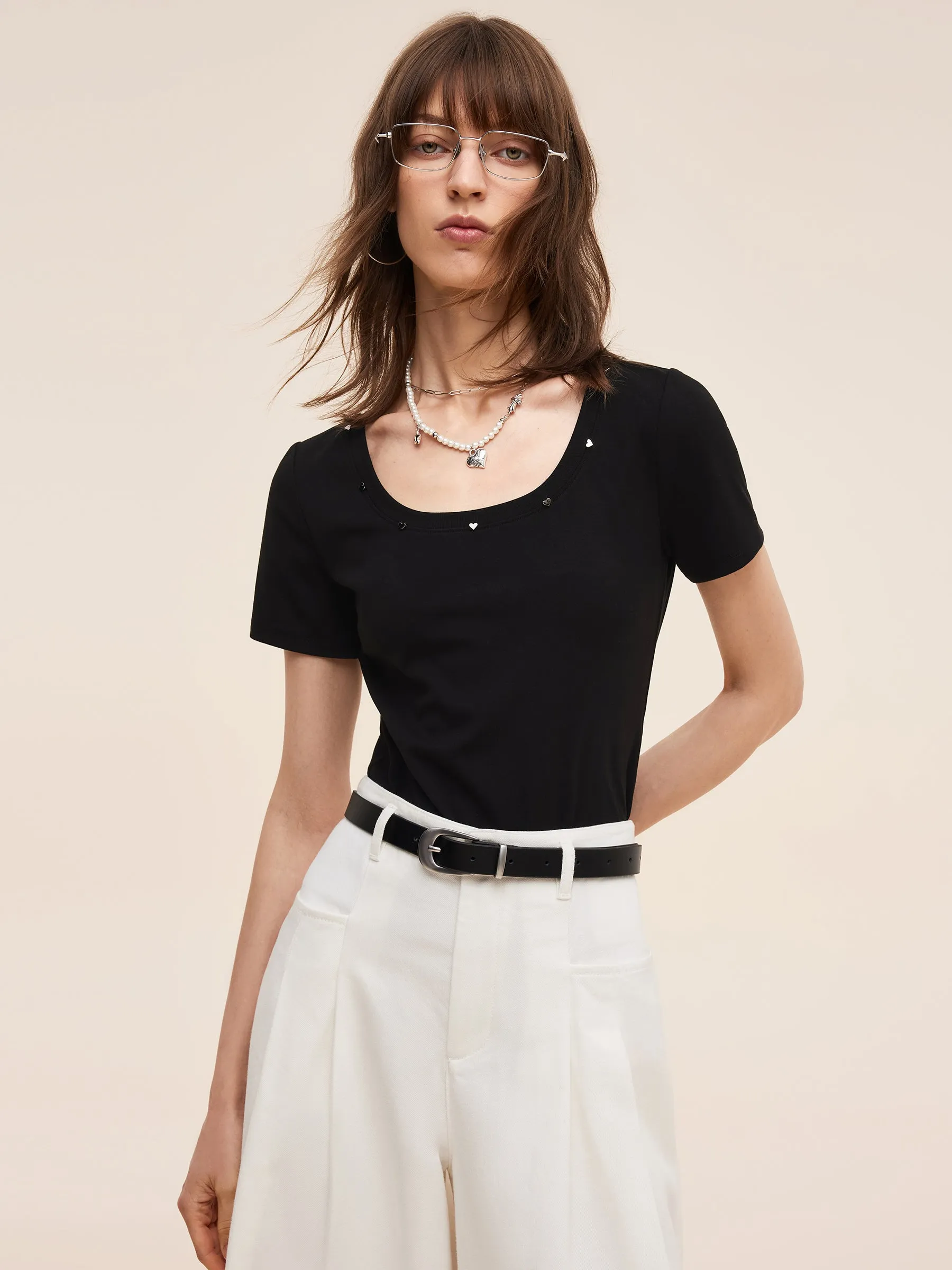 Soft and Flexible Square Neck Heart Decorated Women T-Shirt