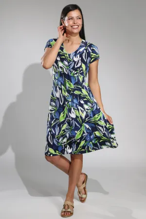 Curved waist printed Slinky Dress | Navy Grn Garden Puff | 7423A1 LowProfile Fasteners Practical Leggings
