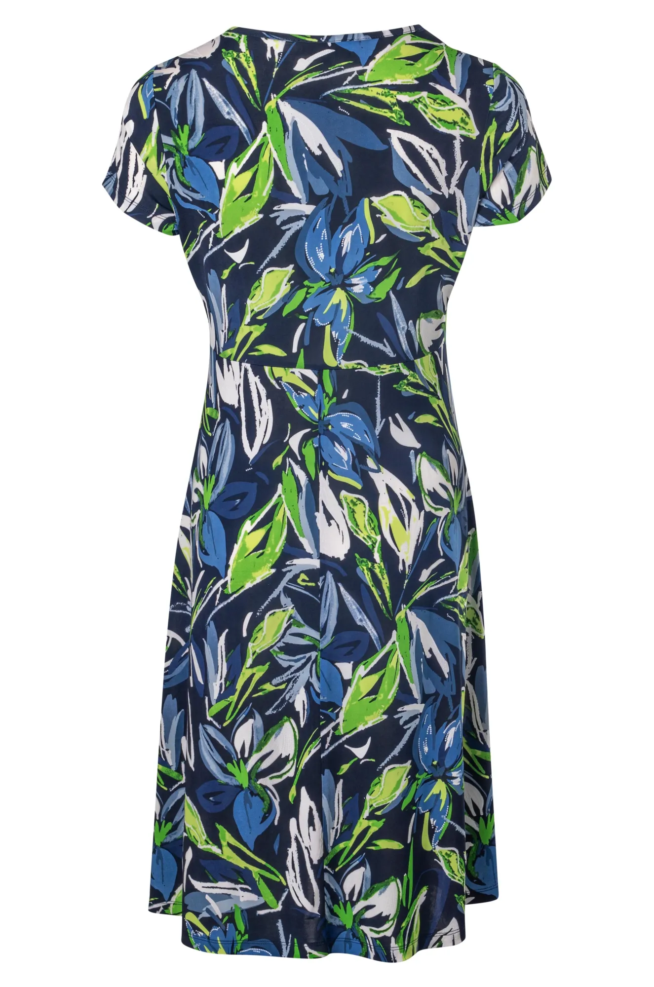 Curved waist printed Slinky Dress | Navy Grn Garden Puff | 7423A1 Recycled materials