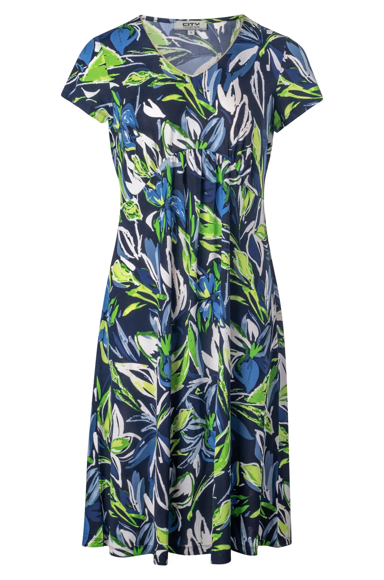 Breathable Style Curved waist printed Slinky Dress | Navy Grn Garden Puff | 7423A1
