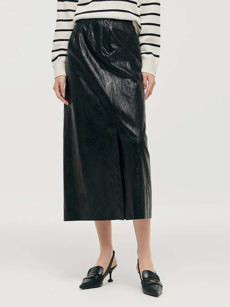 Flexible Waistband Figure Flattering PU Leather Slit Women Column Skirt
