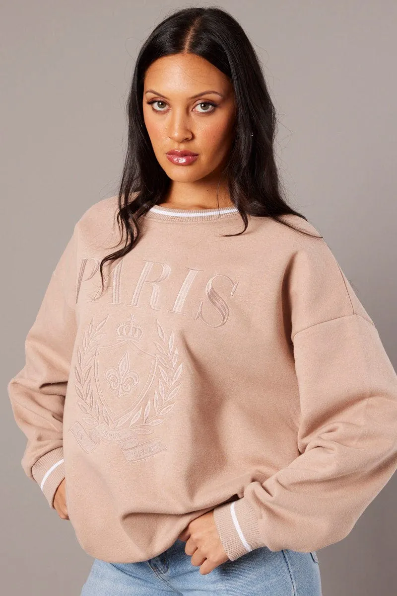 Brown Graphic Sweater Long Sleeve Comfy All Day