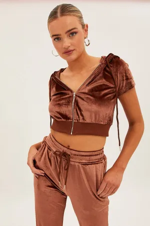 Brown Velour Short Sleeve Zip Lounge Hoodie Cuffed Sleeves