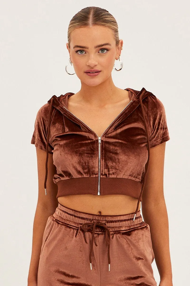 Graphic Design Brown Velour Short Sleeve Zip Lounge Hoodie