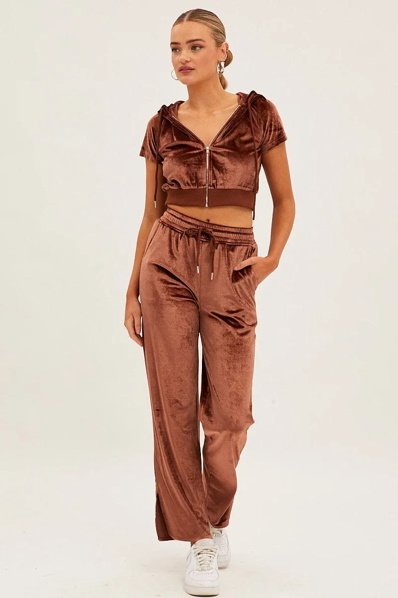 Comfy Comfort Brown Velour Short Sleeve Zip Lounge Hoodie