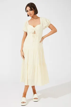 Trendy versatile dress Beige Midi Dress Puff Sleeve Ruch Front