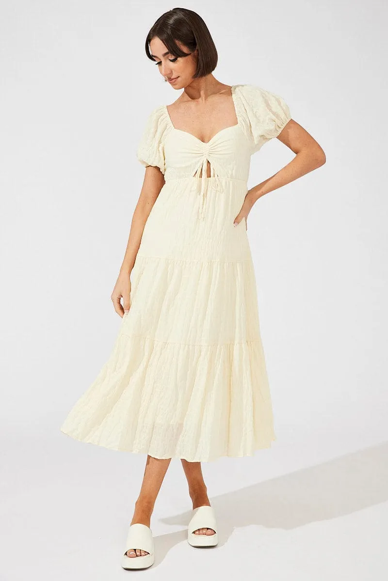 Fashionable knee-length piece Artistic Vibe Beige Midi Dress Puff Sleeve Ruch Front