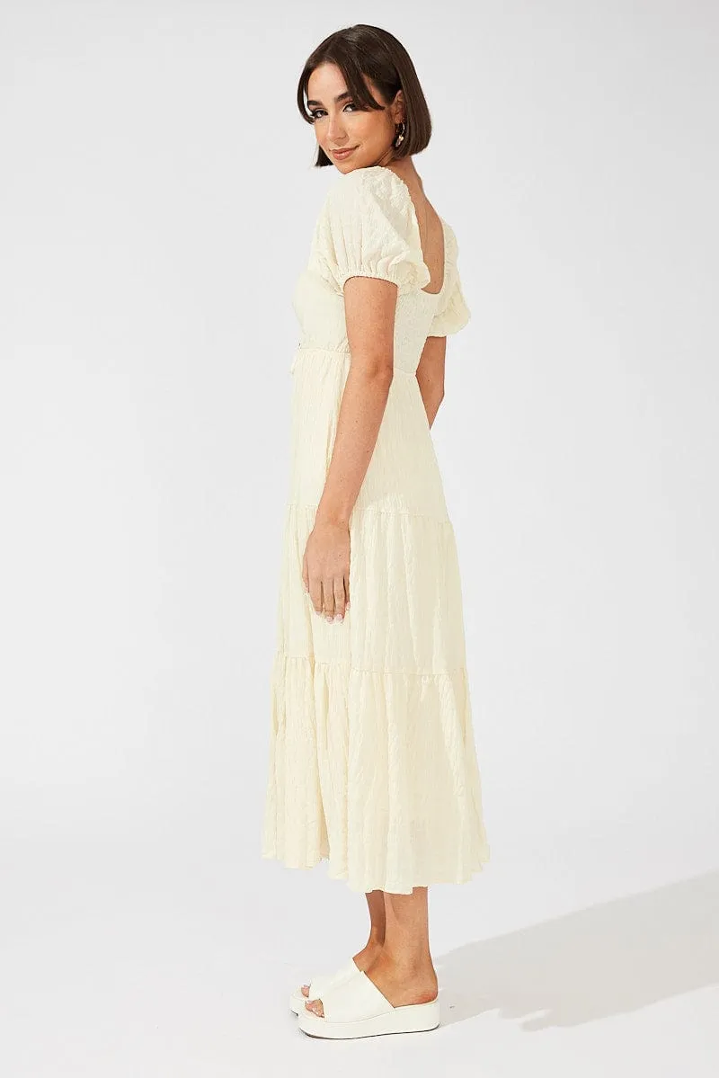 Beige Midi Dress Puff Sleeve Ruch Front Weather Chic Emerald Glow