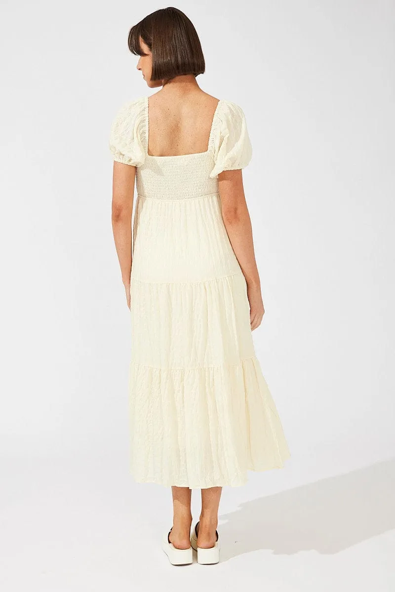 Beige Midi Dress Puff Sleeve Ruch Front Sophisticated mid-calf gown Modern Wardrobe