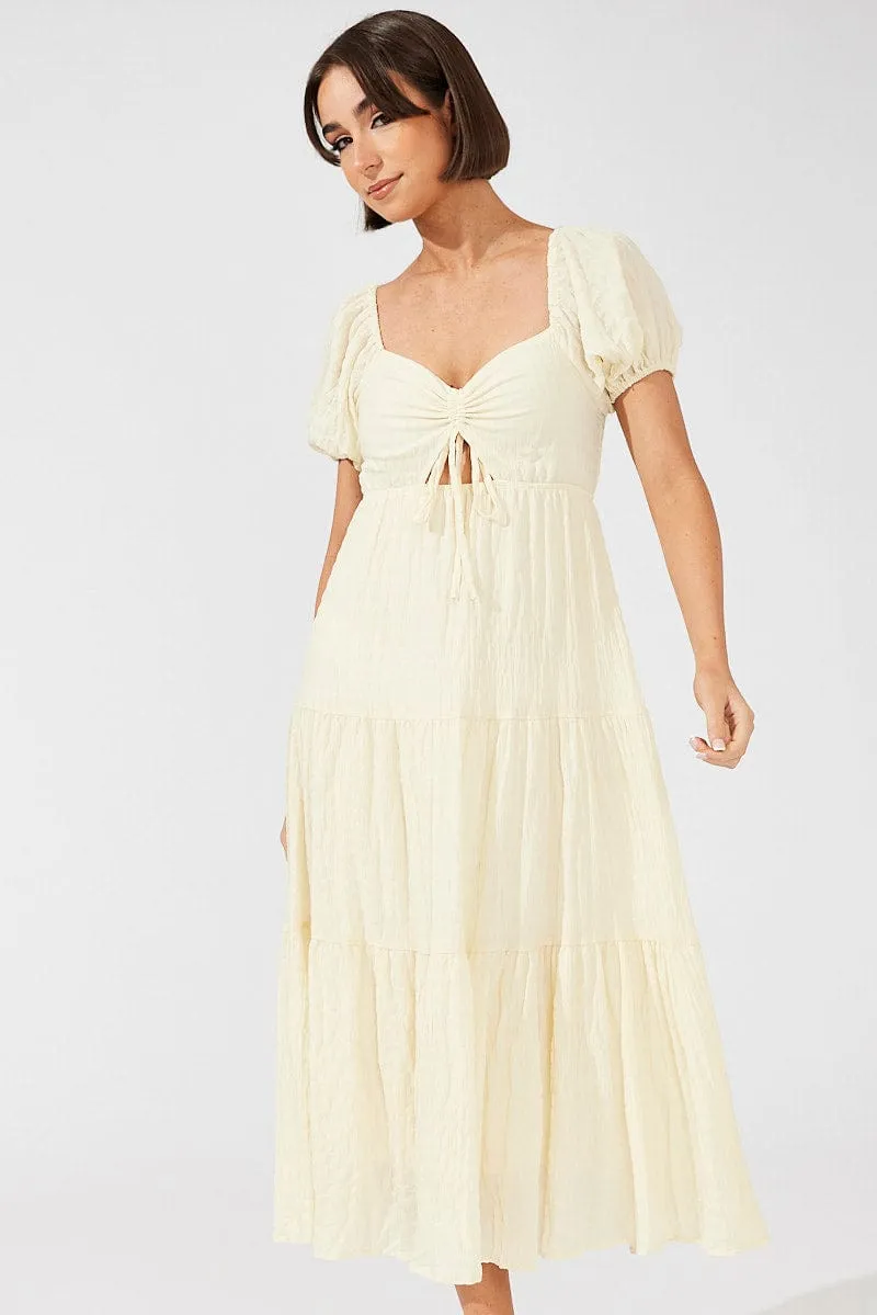 Pasture View Beige Midi Dress Puff Sleeve Ruch Front