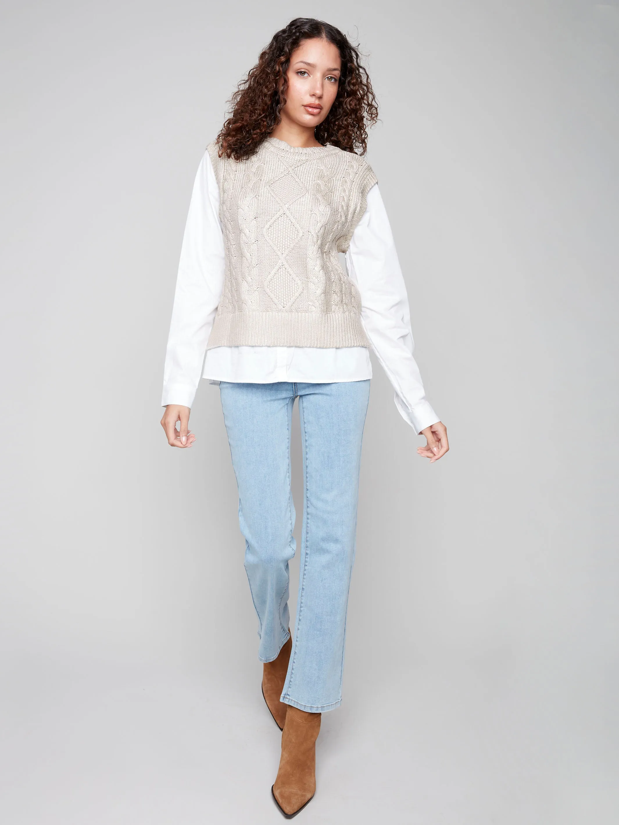 Foiled Crew Neck Fooler Sweater Vest - Gold Light and Cozy Cold Weather Must-Have