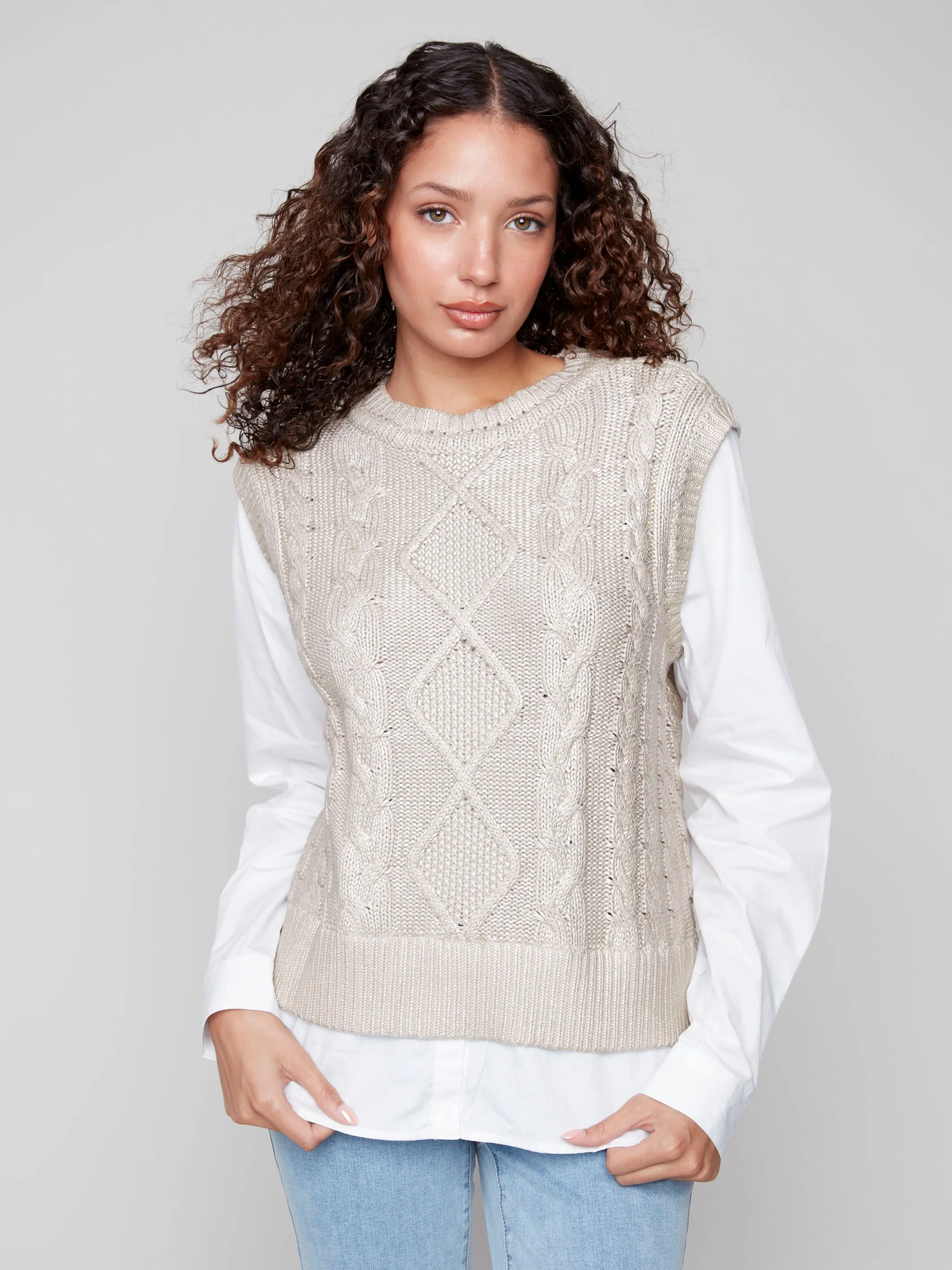 Allergen Free Processing Foiled Crew Neck Fooler Sweater Vest - Gold