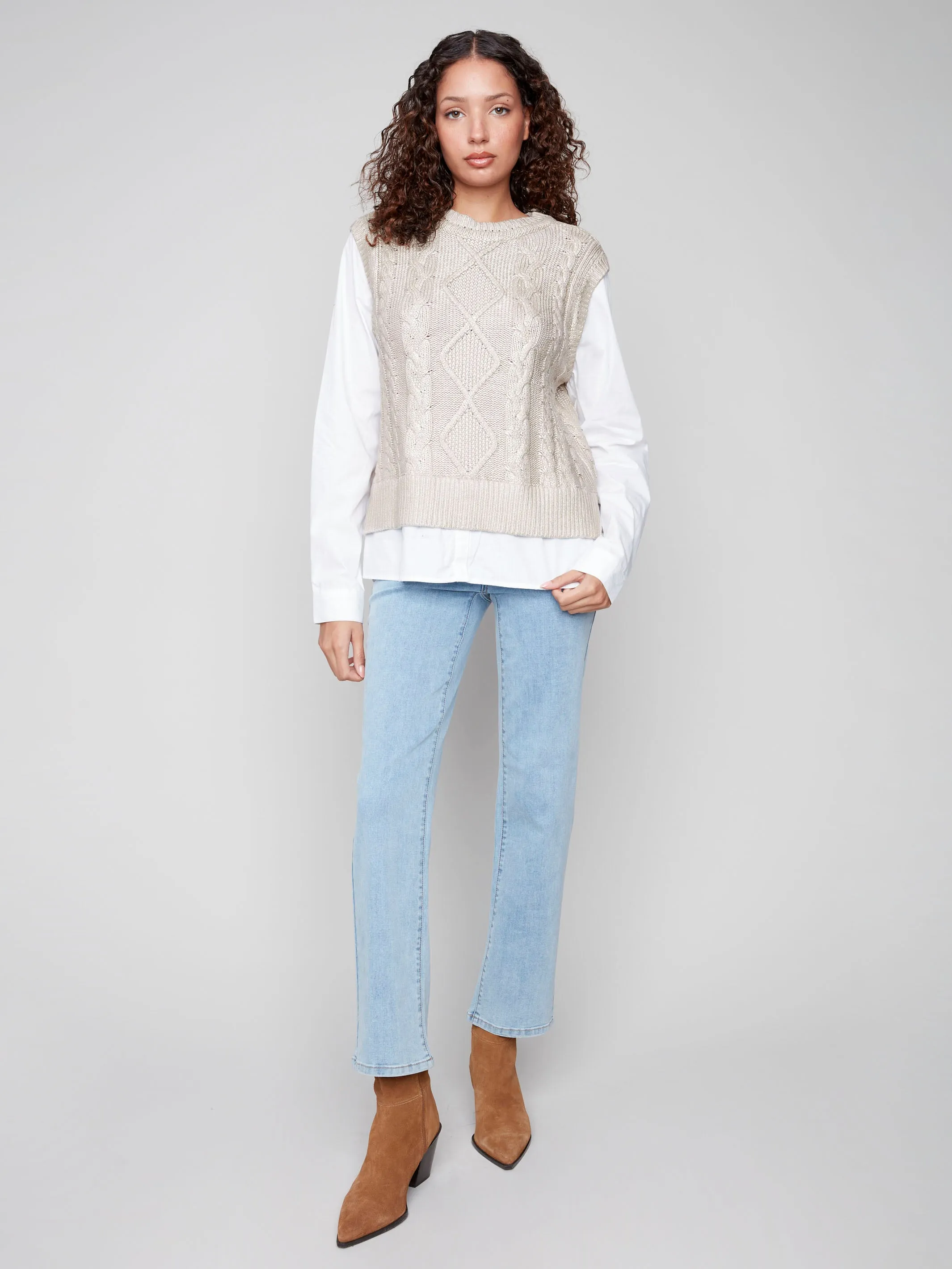 Chic Comfort Foiled Crew Neck Fooler Sweater Vest - Gold