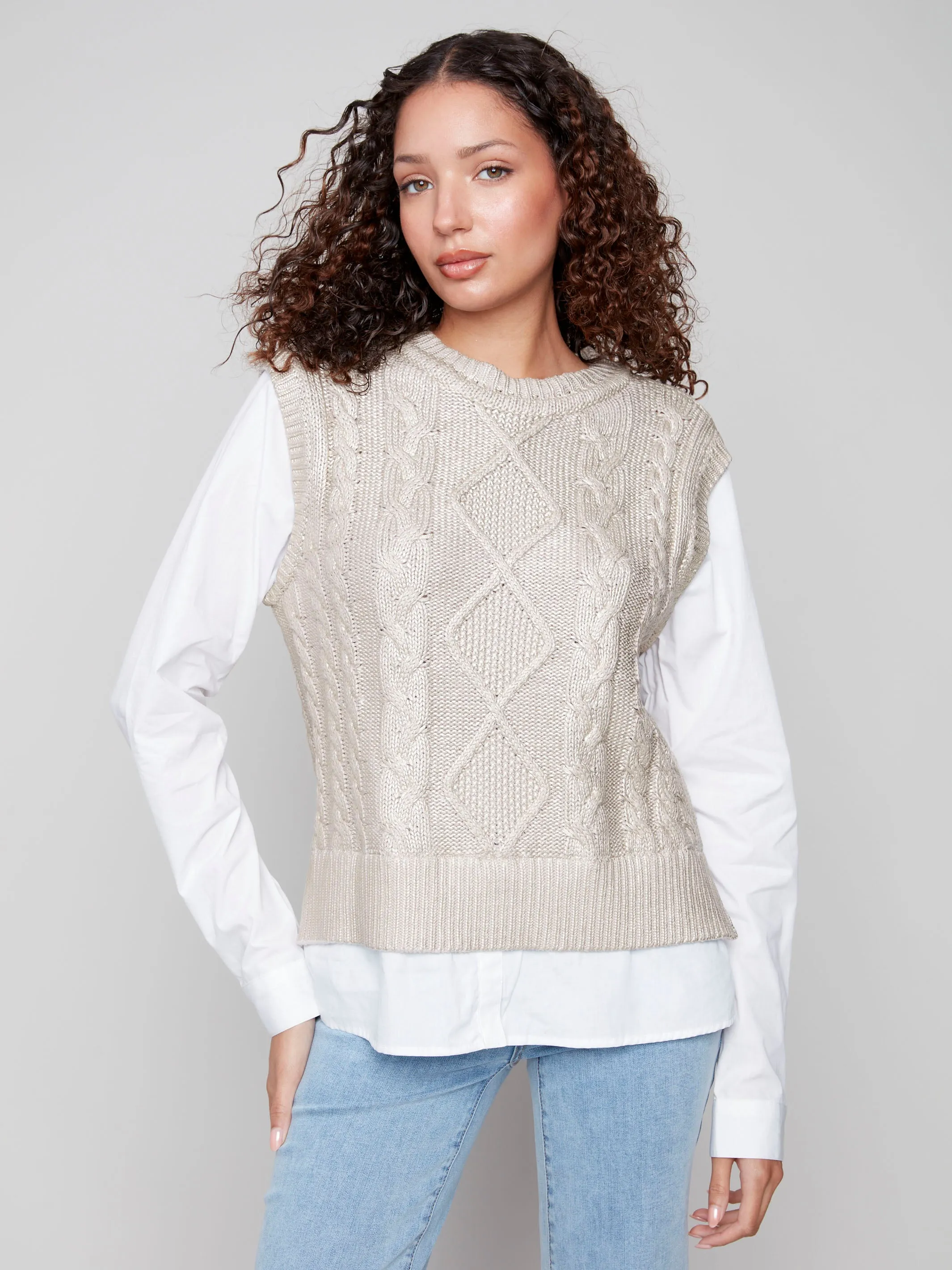 Foiled Crew Neck Fooler Sweater Vest - Gold Fashion Statement