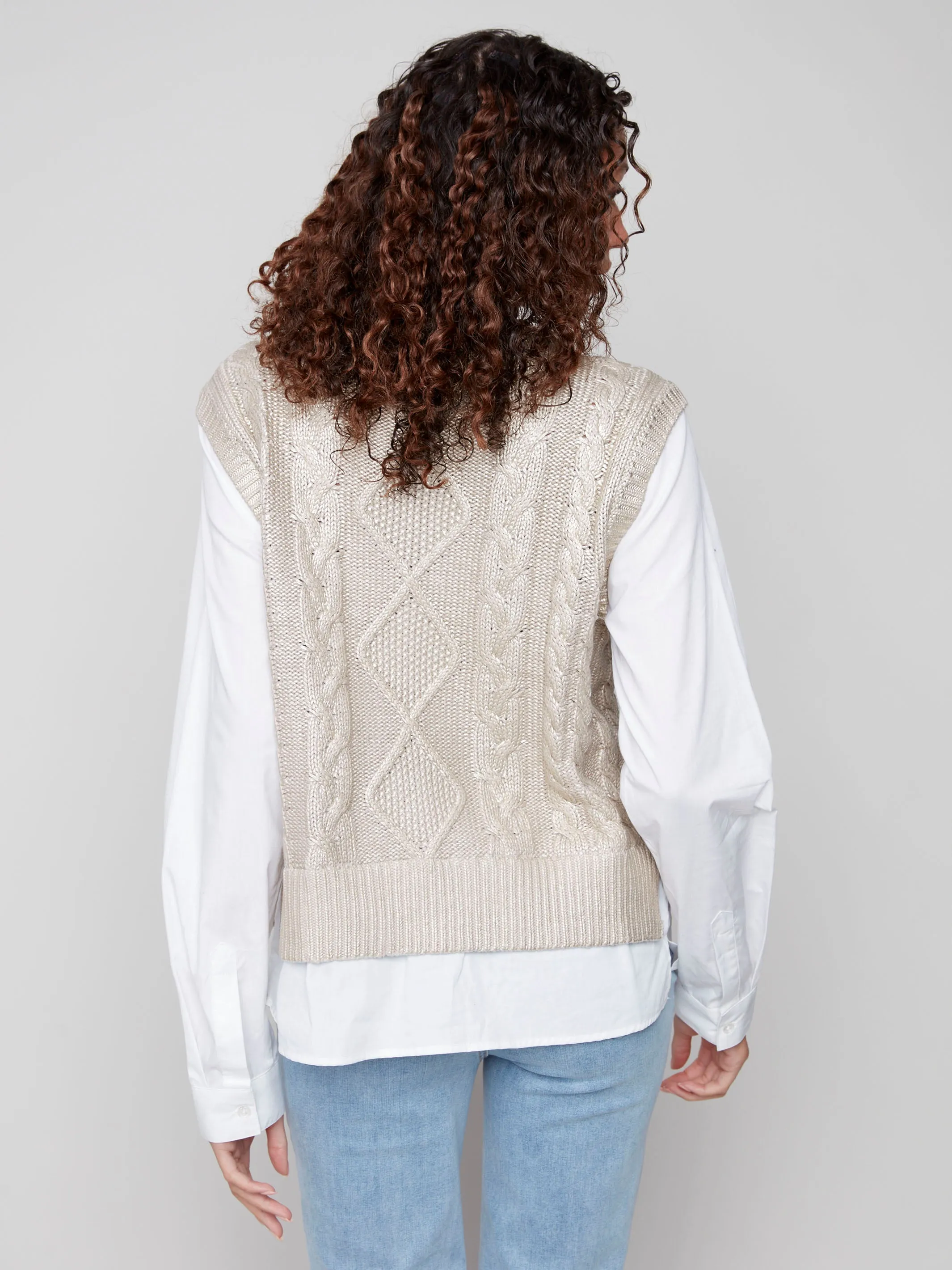 Foiled Crew Neck Fooler Sweater Vest - Gold Double Layered Collars Wrinkle Resistant Knit