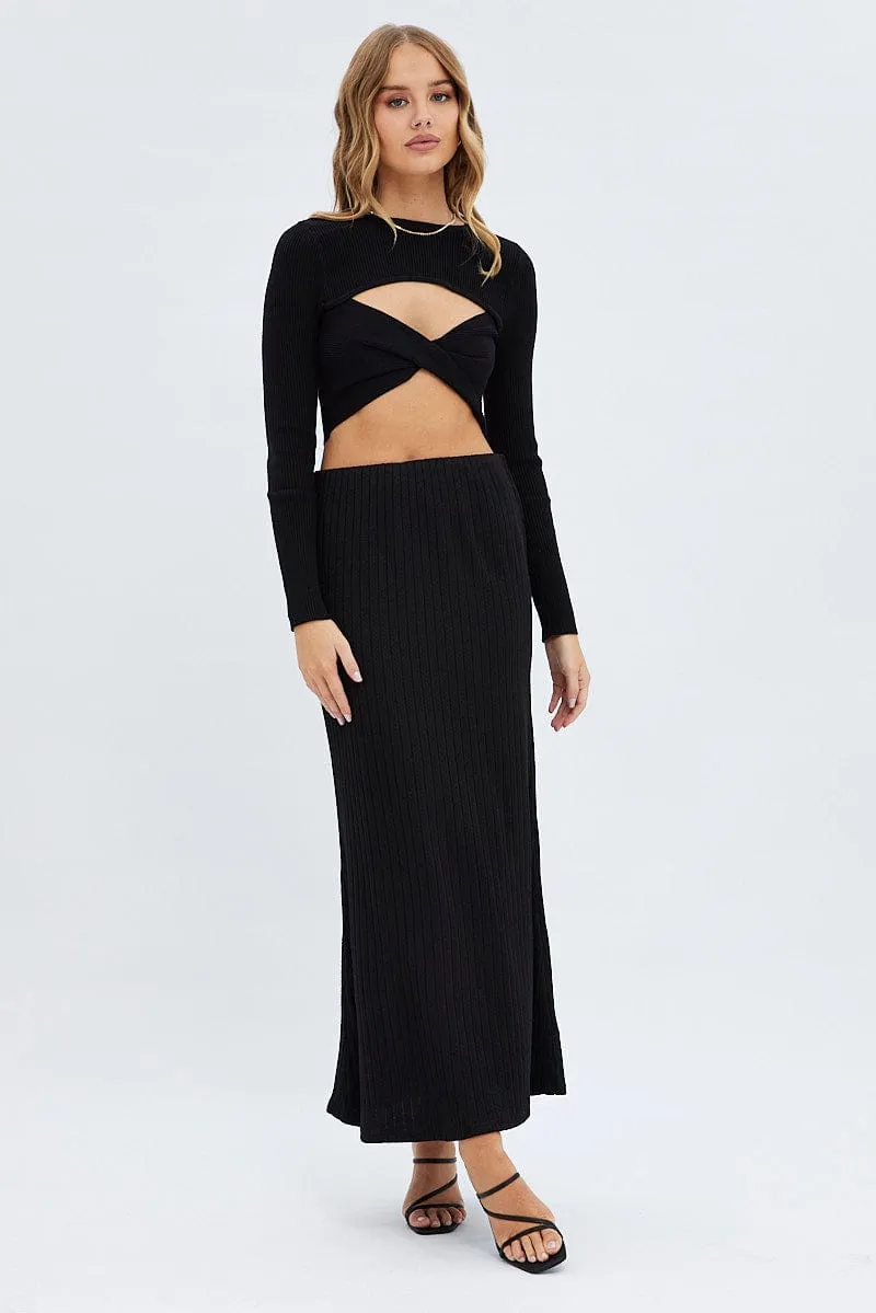 ribbed texture Black Maxi Skirt Mid Rise A-line Rib Jersey