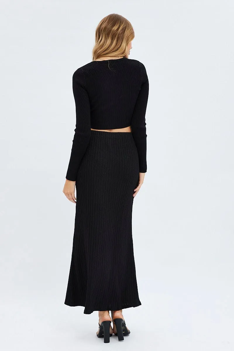 Black Maxi Skirt Mid Rise A-line Rib Jersey Clean Lines