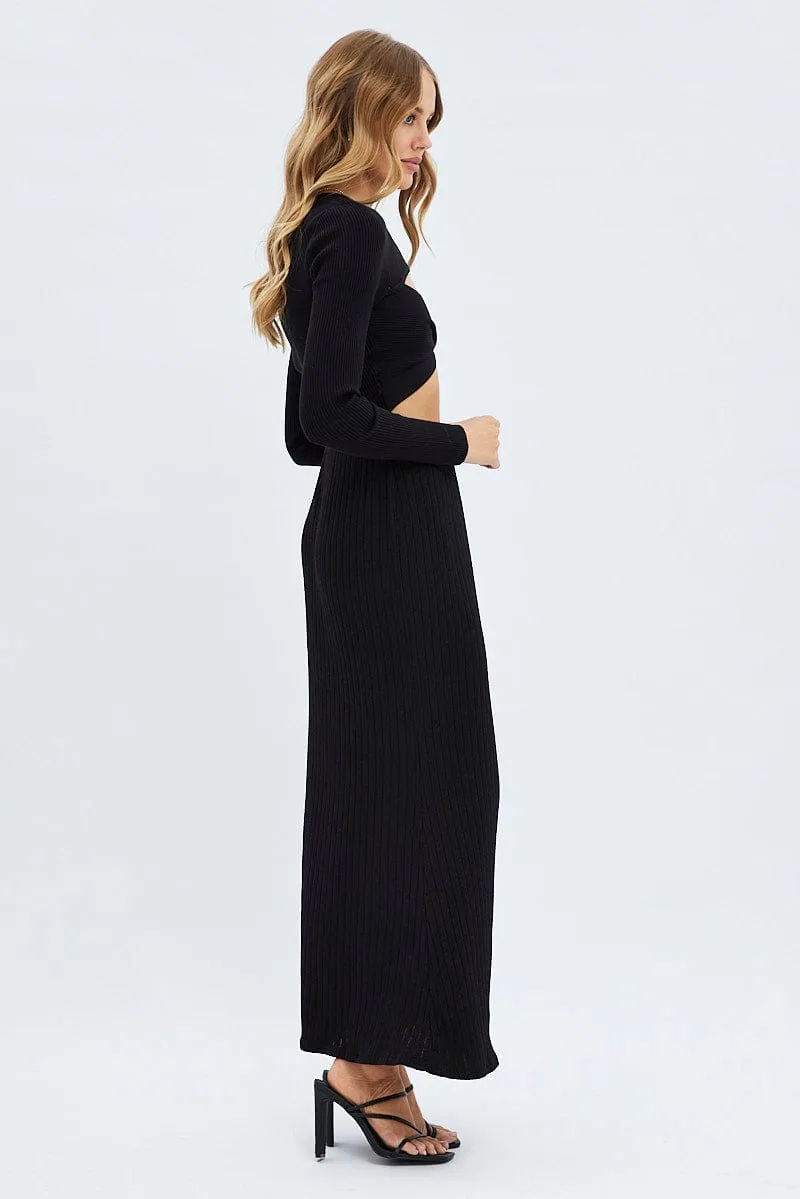 Minimal Design Comfortable Feel Black Maxi Skirt Mid Rise A-line Rib Jersey