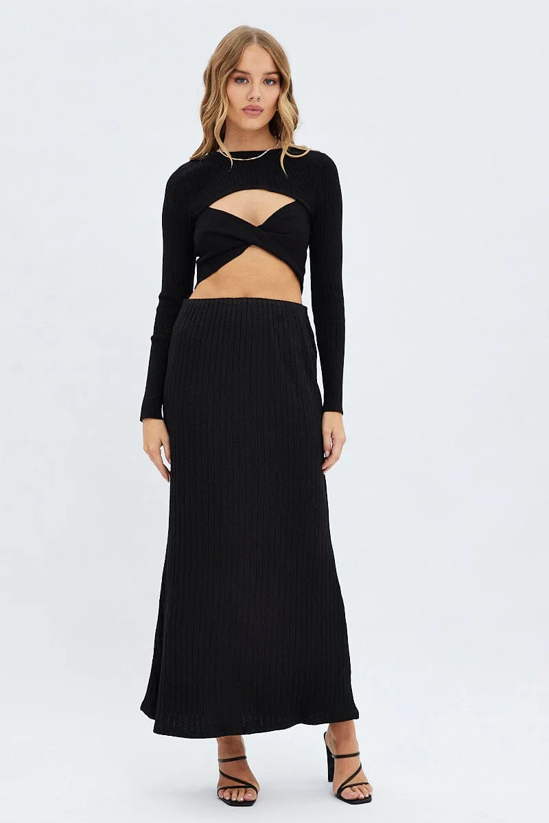 Black Maxi Skirt Mid Rise A-line Rib Jersey Anti Pilling Treatment Wardrobe Classic