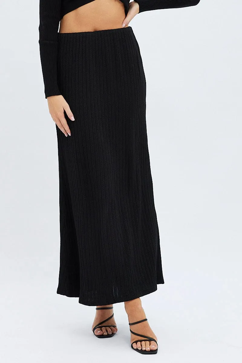 Black Maxi Skirt Mid Rise A-line Rib Jersey Simple Layer Style Essential
