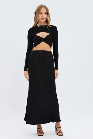 Black Maxi Skirt Mid Rise A-line Rib Jersey Anti Pilling Treatment Wardrobe Classic