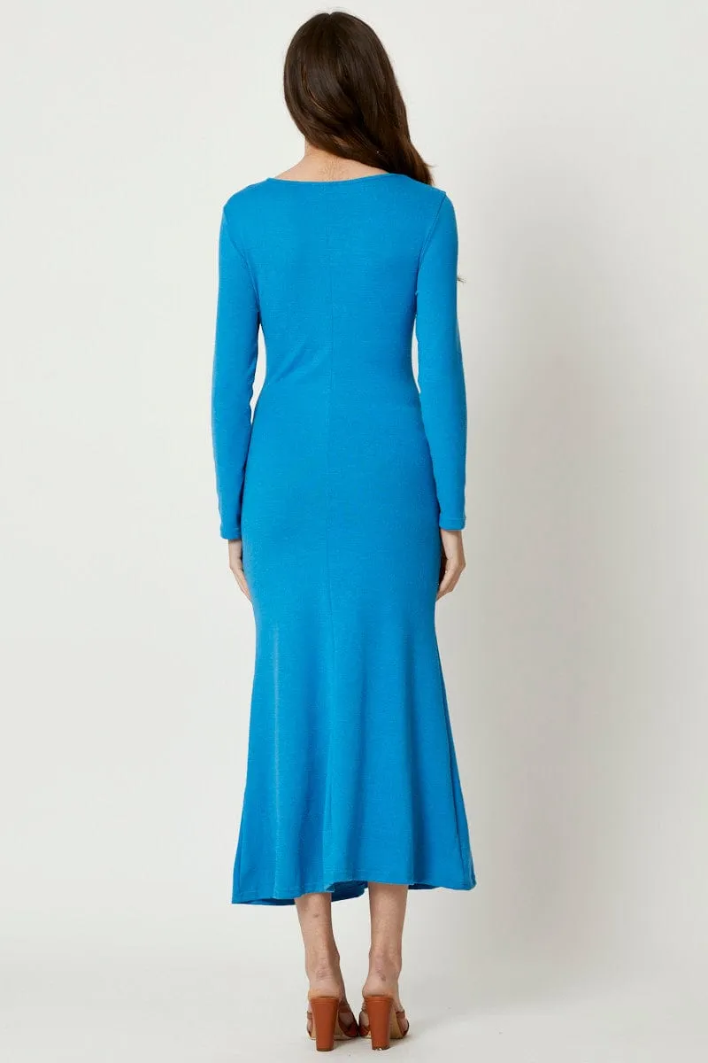 All Season Wear Grass Smell Blue Gathered Front Midi Dress