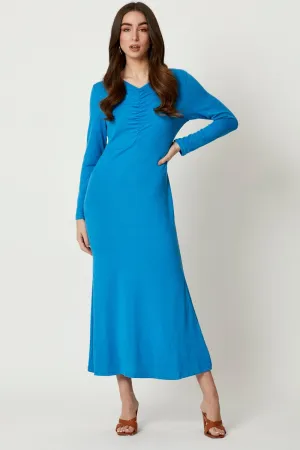 Blue Gathered Front Midi Dress Fall Layers