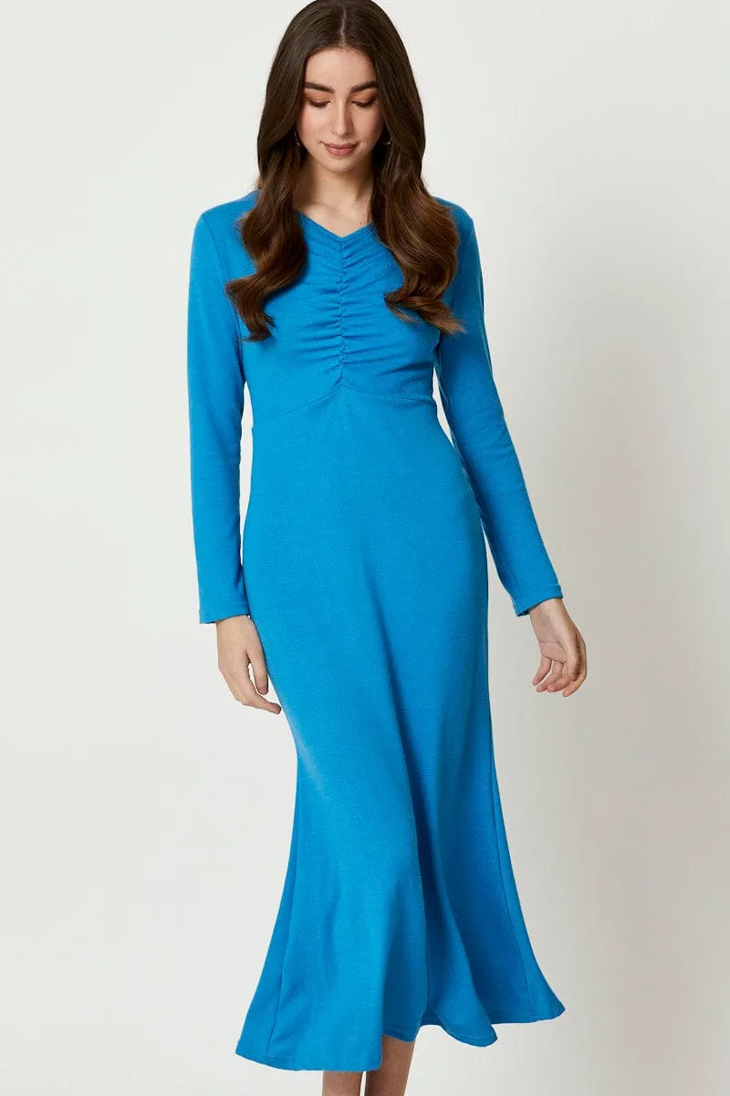 Petite Style London Girl Blue Gathered Front Midi Dress