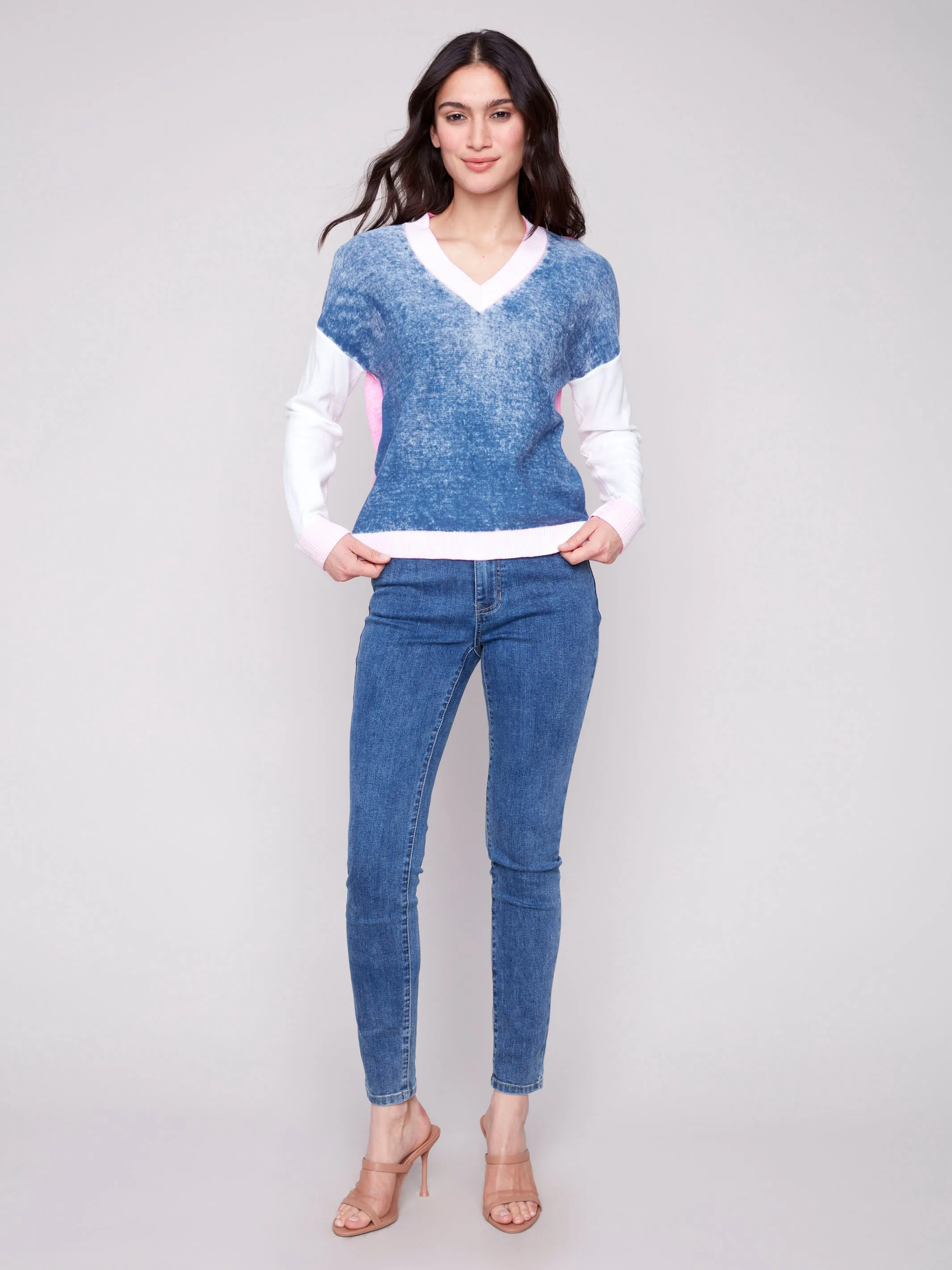 Color Block V-Neck Sweater - Denim Winter Ready Wear Stylish Knit