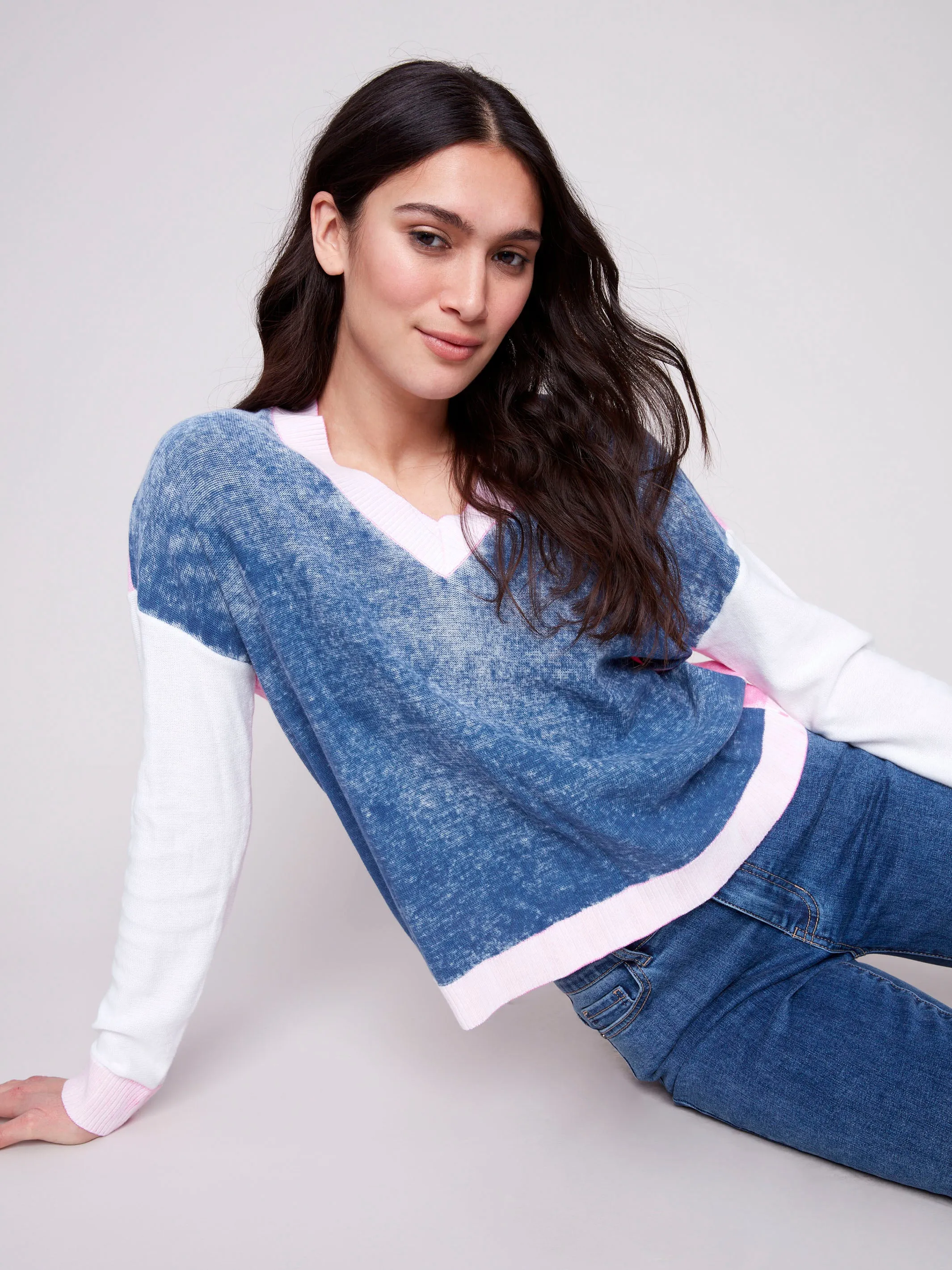 Wrinkle Free Material Outdoor Style Color Block V-Neck Sweater - Denim
