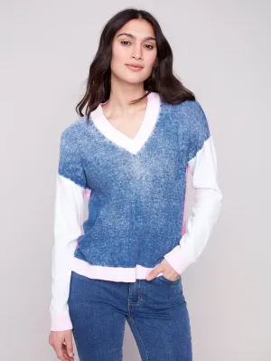 Color Block V-Neck Sweater - Denim Comfortable apparel