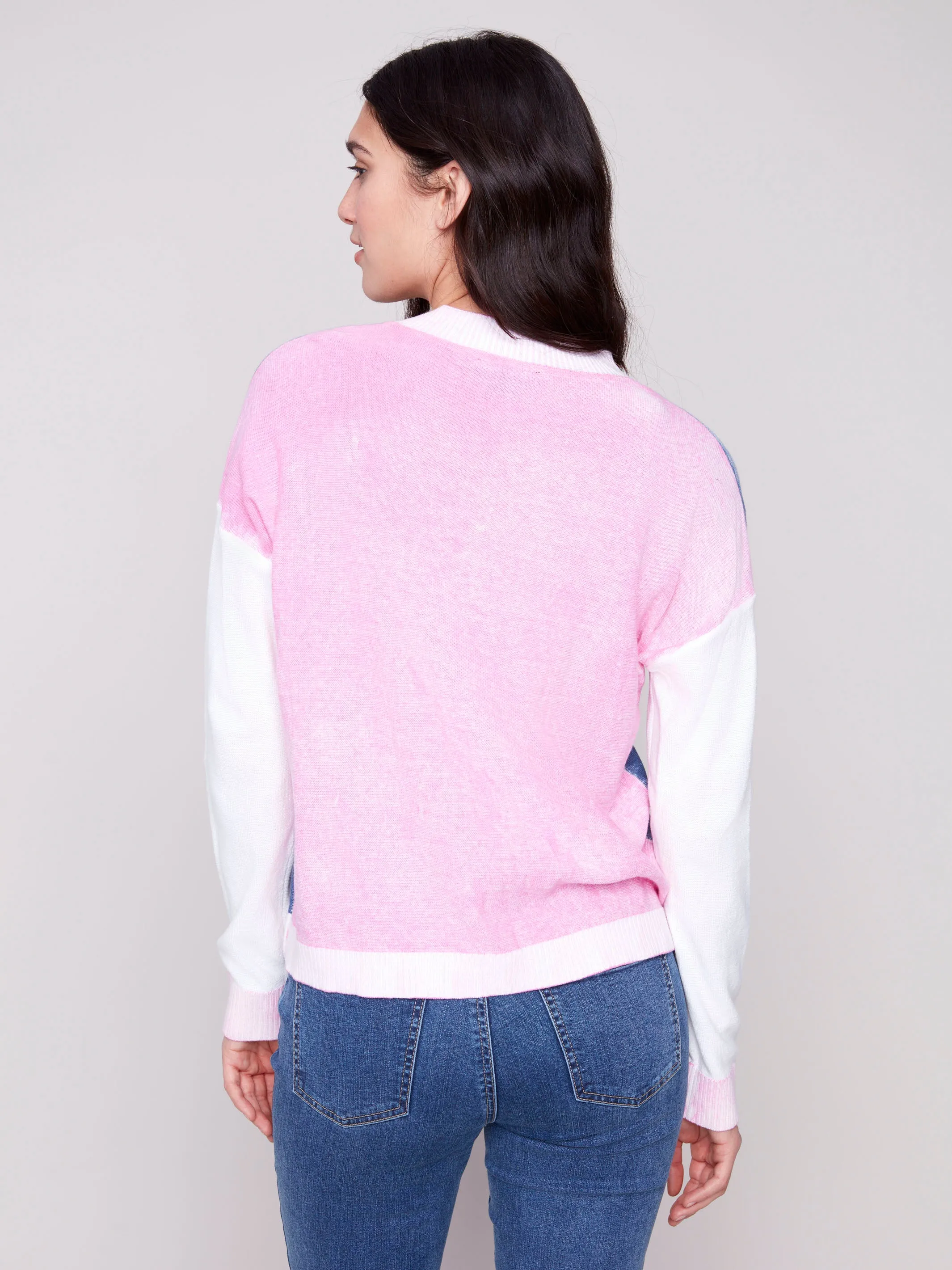 Color Block V-Neck Sweater - Denim Casual Layering Ergonomic Sleeve Shape