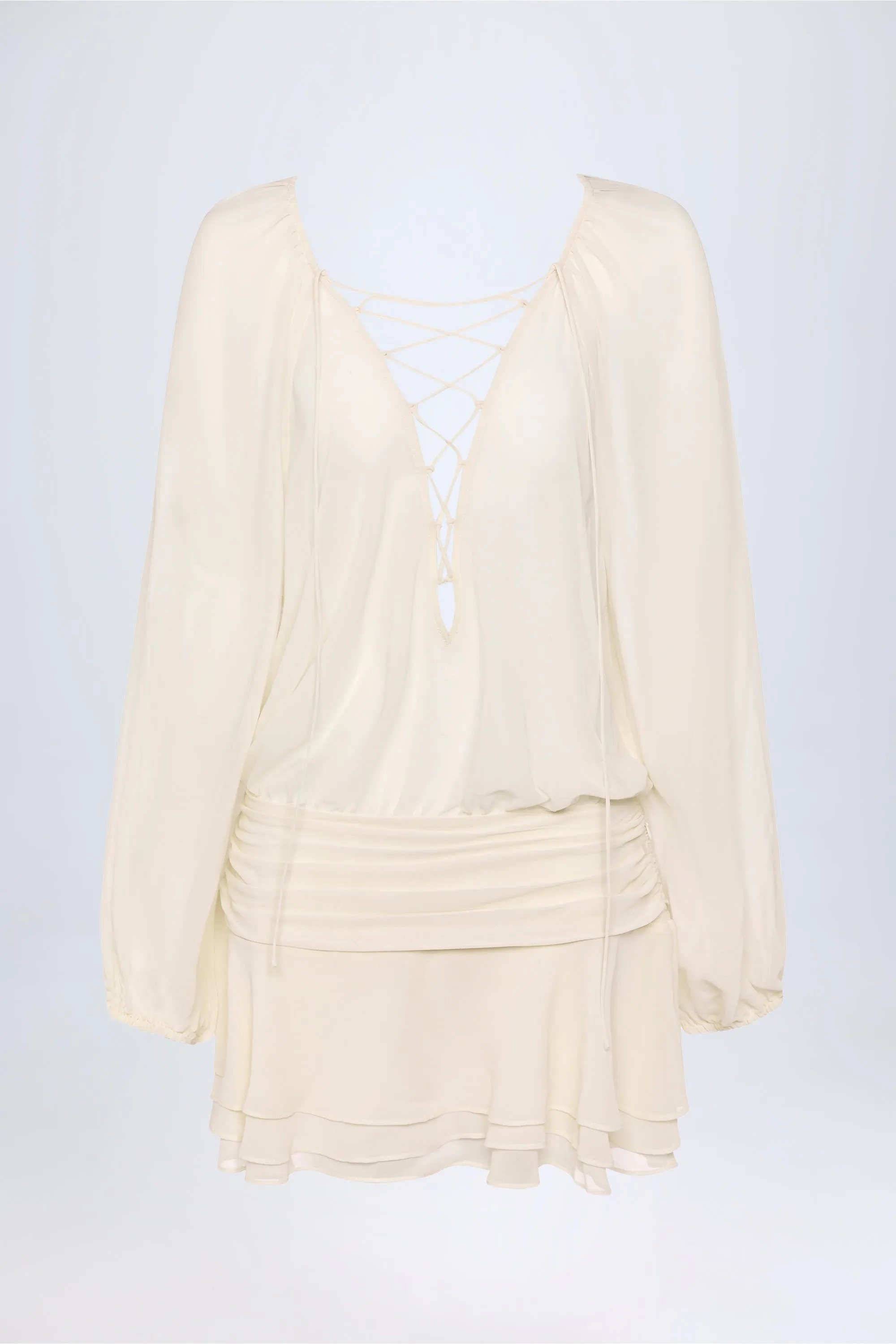 Adjustable Hem Lace-Up Balloon-Sleeve Mini Dress in Ivory