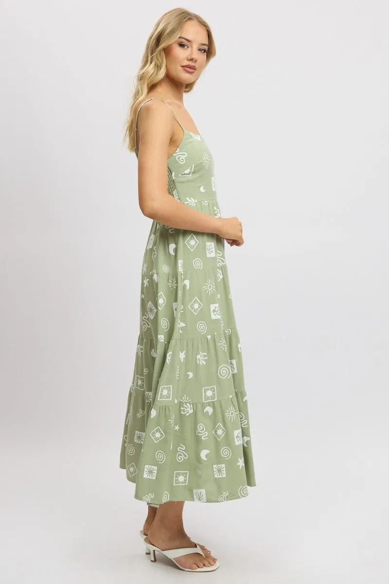 Classic Comfort Green Abstract Midi Dress Tiered Strappy