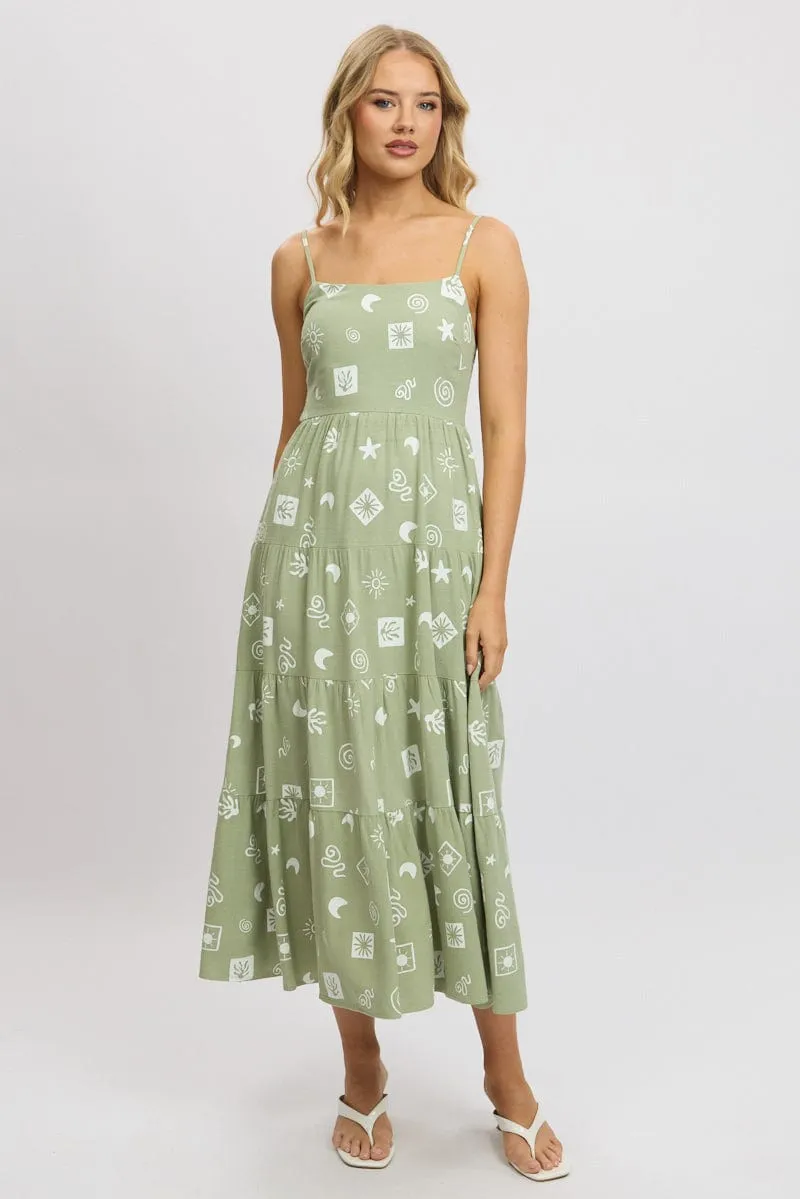 Seasonal Wear Cloud Sea Green Abstract Midi Dress Tiered Strappy
