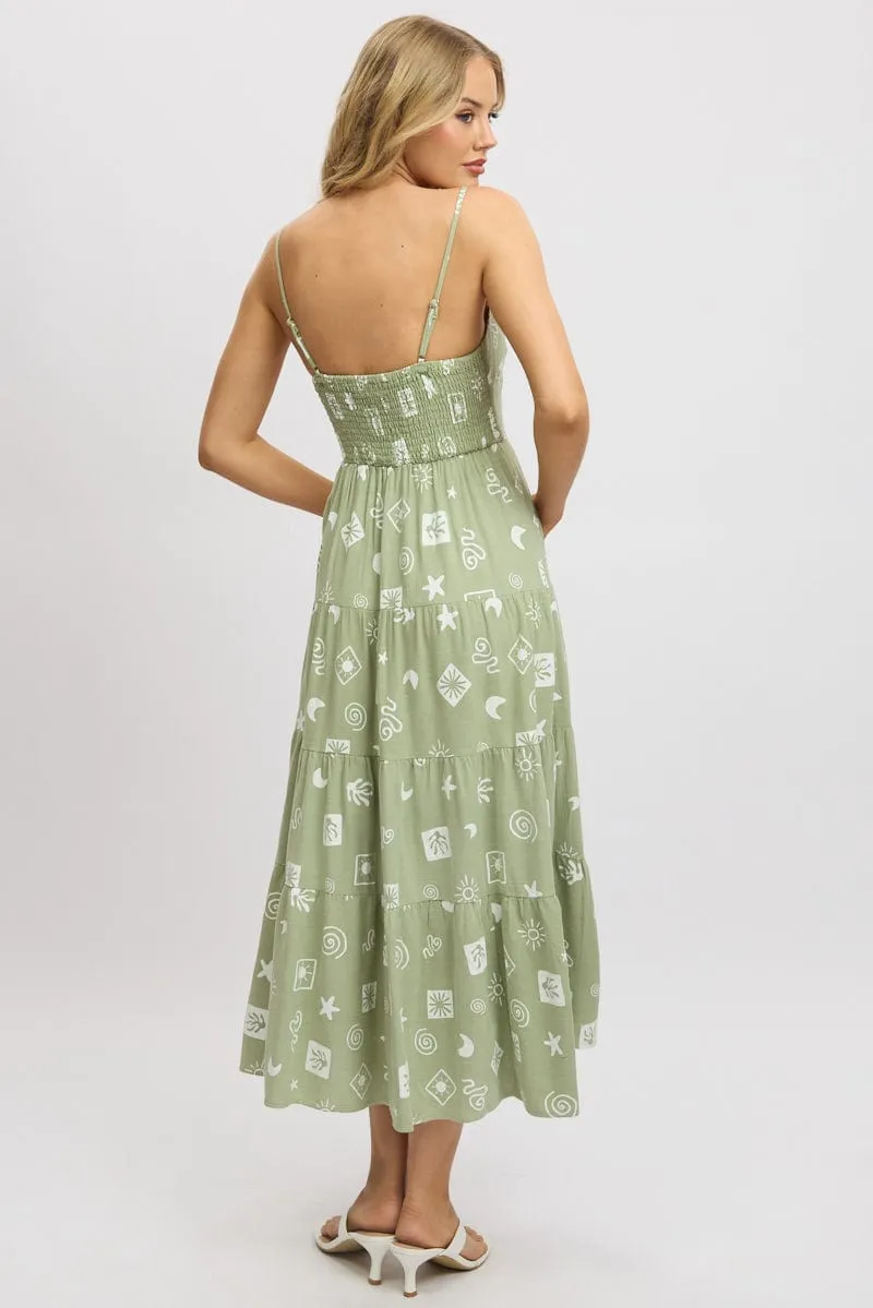 Green Abstract Midi Dress Tiered Strappy Summer Picnic