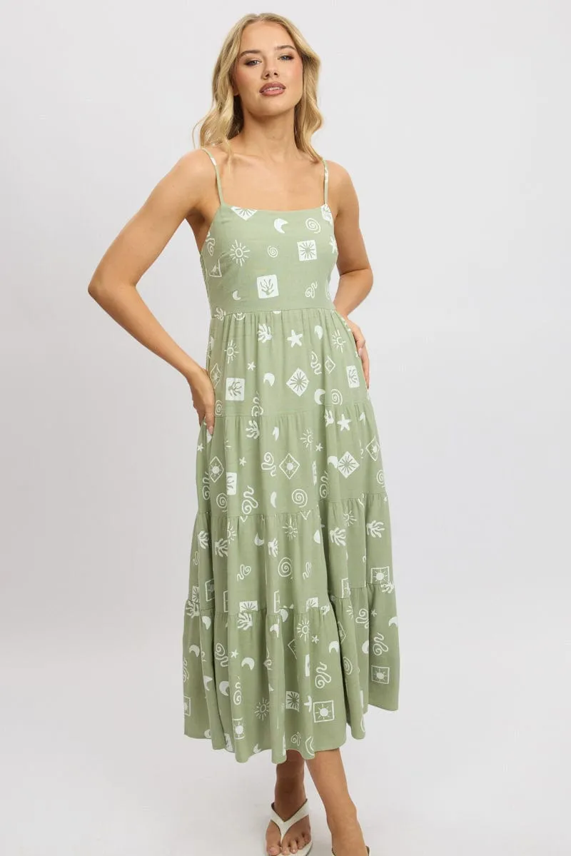 Green Abstract Midi Dress Tiered Strappy Soft-touch day dress