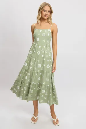 Coral Glow Green Abstract Midi Dress Tiered Strappy