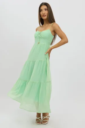 Breathable fabric Green Midi Dress Tiered Strappy