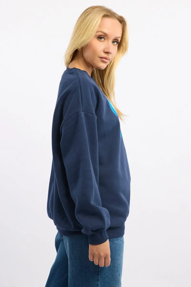 Blue Graphic Sweater Long Sleeve Tall Length Chic Comfort