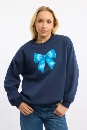 Blue Graphic Sweater Long Sleeve Sporty Comfort