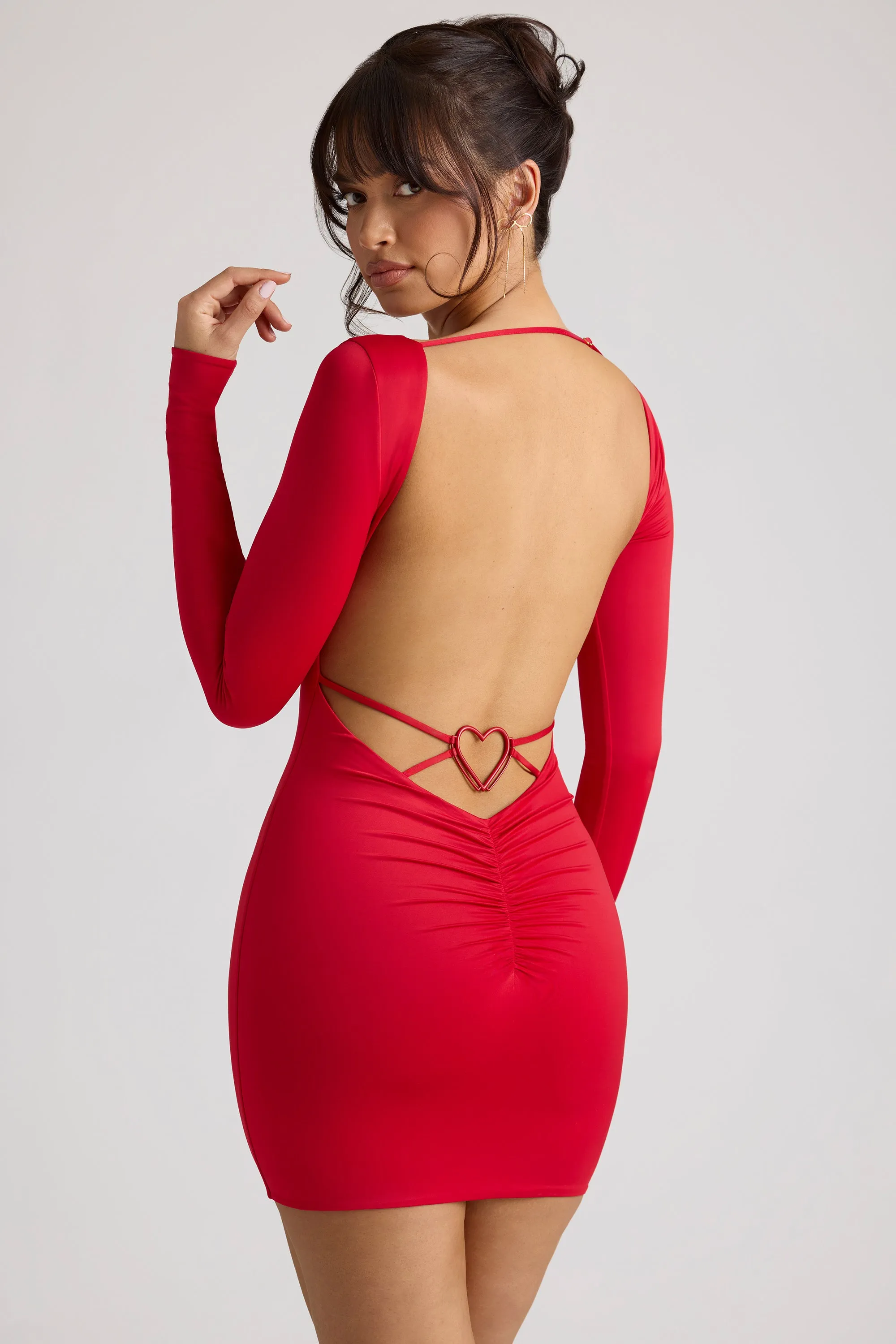 Long Sleeve Sweetheart Neckline Mini Dress in Fire Red Soft fabric mini Yoke Back Construction