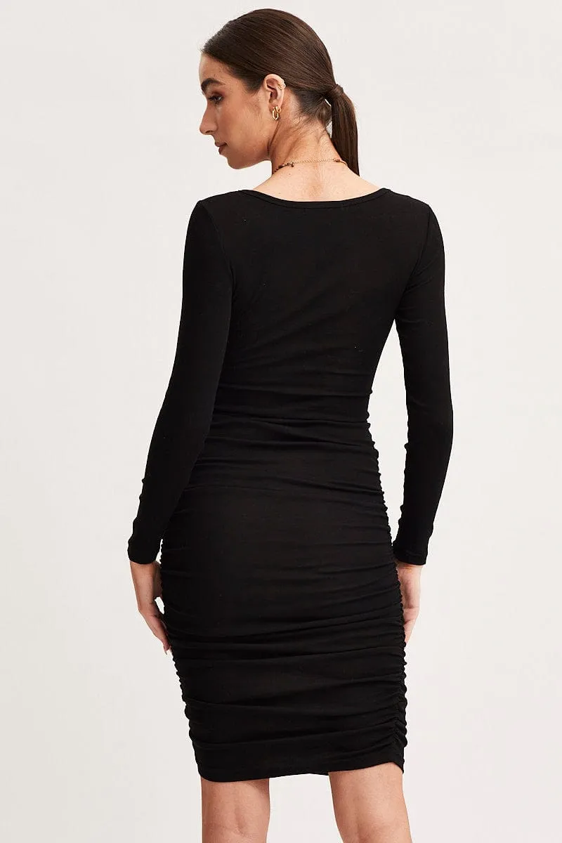 Feminine Design Black Bodycon Dress Long Sleeve Midi Ruched