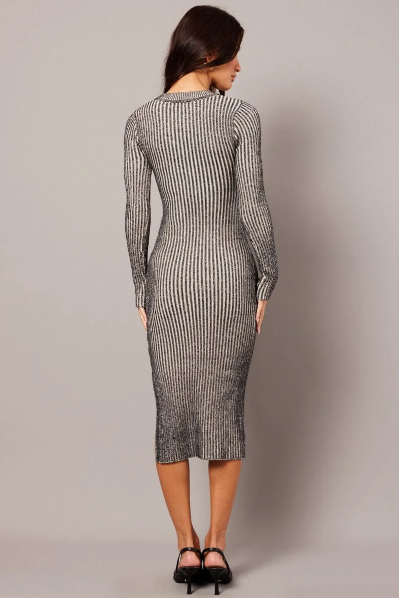 All Day Comfort Black Stripe Midi Dress Long Sleeve Round Neck Rib Knitted