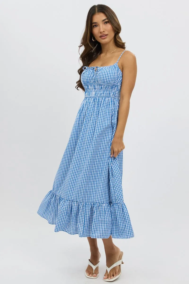 Blue Check Midi Dress Tiered Strappy Easy Fit Easy Travel