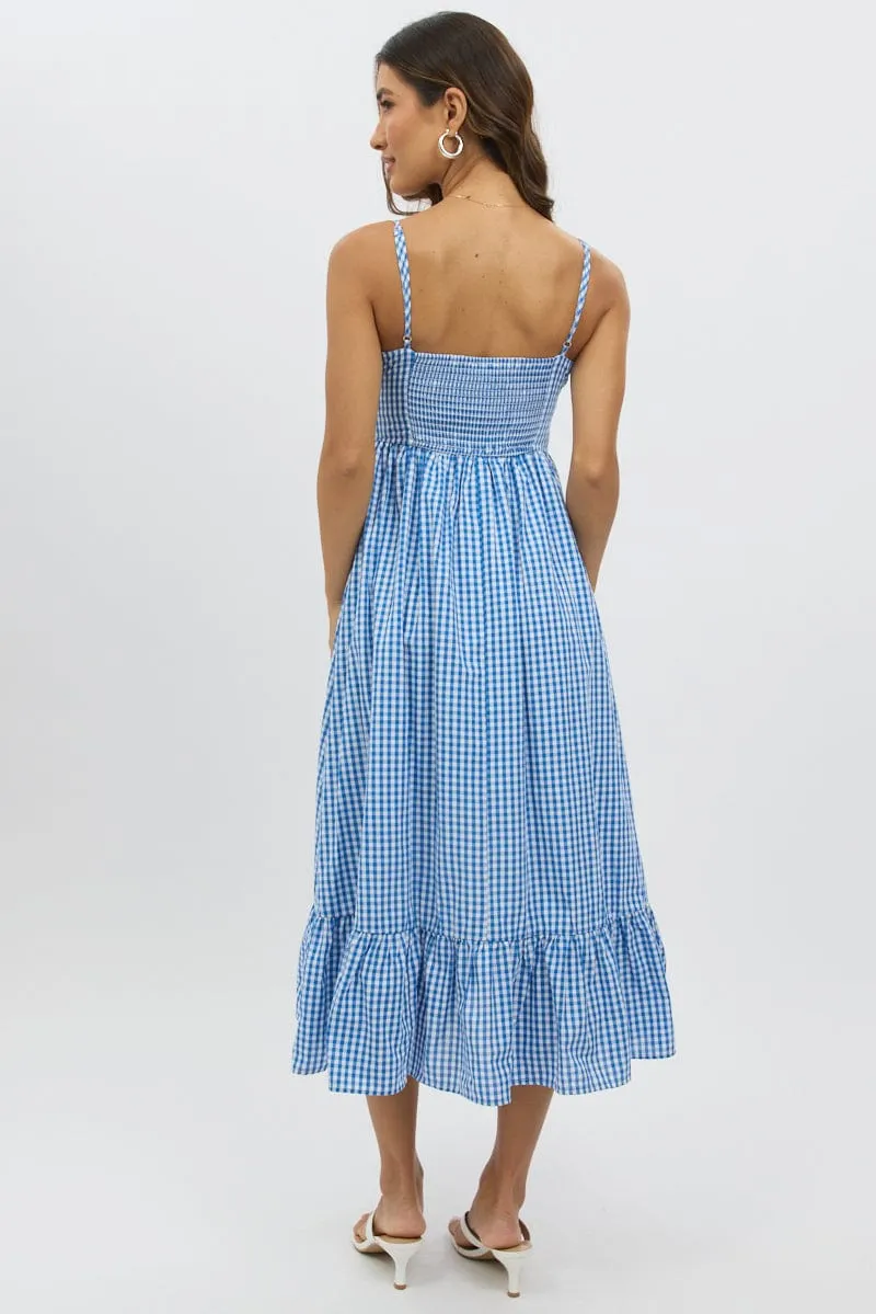 Blue Check Midi Dress Tiered Strappy Event Chic
