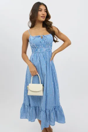 Taxi Line Blue Check Midi Dress Tiered Strappy