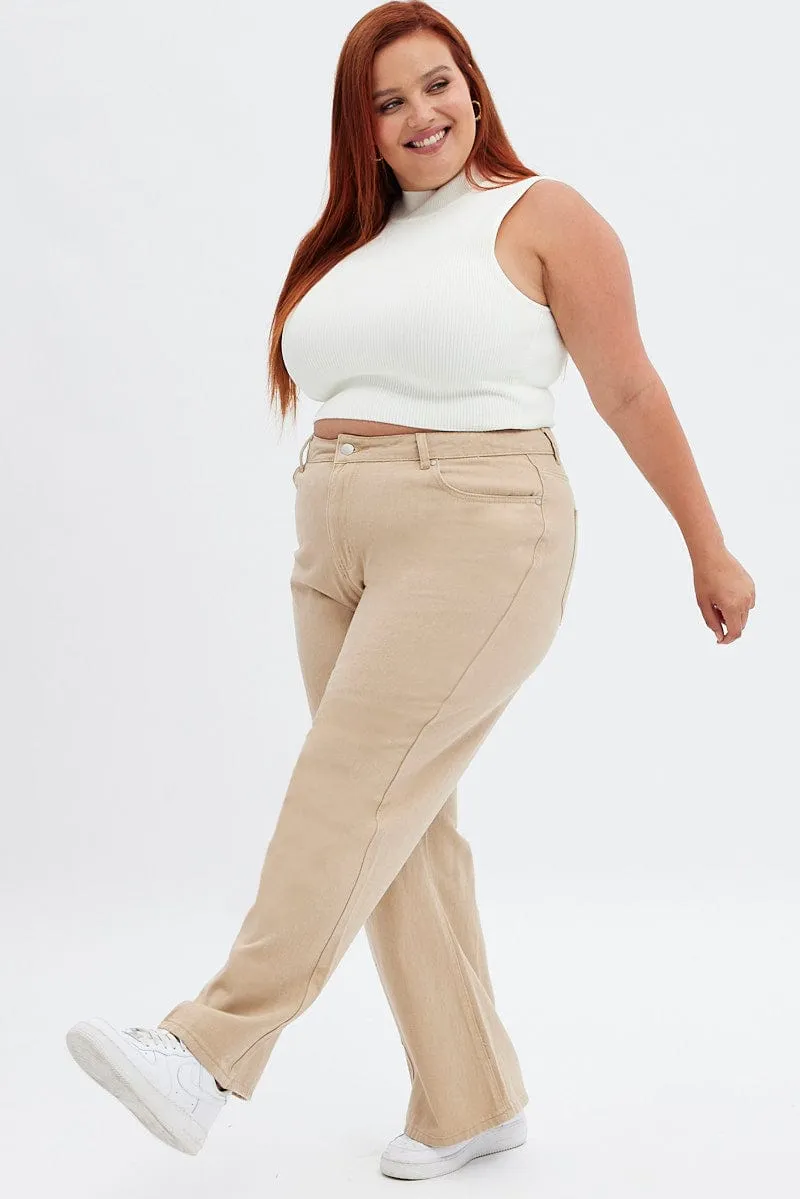 Beige Wide Leg Denim Jeans High Rise Day Out Style