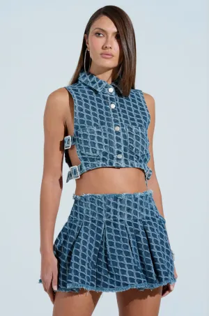 SCALE DENIM CROP BUTTON DOWN TOP marine