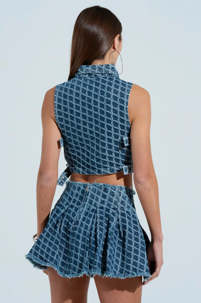 SCALE DENIM CROP BUTTON DOWN TOP Fresh Cool multi - layer storage